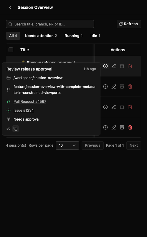 Narrow-screen session details