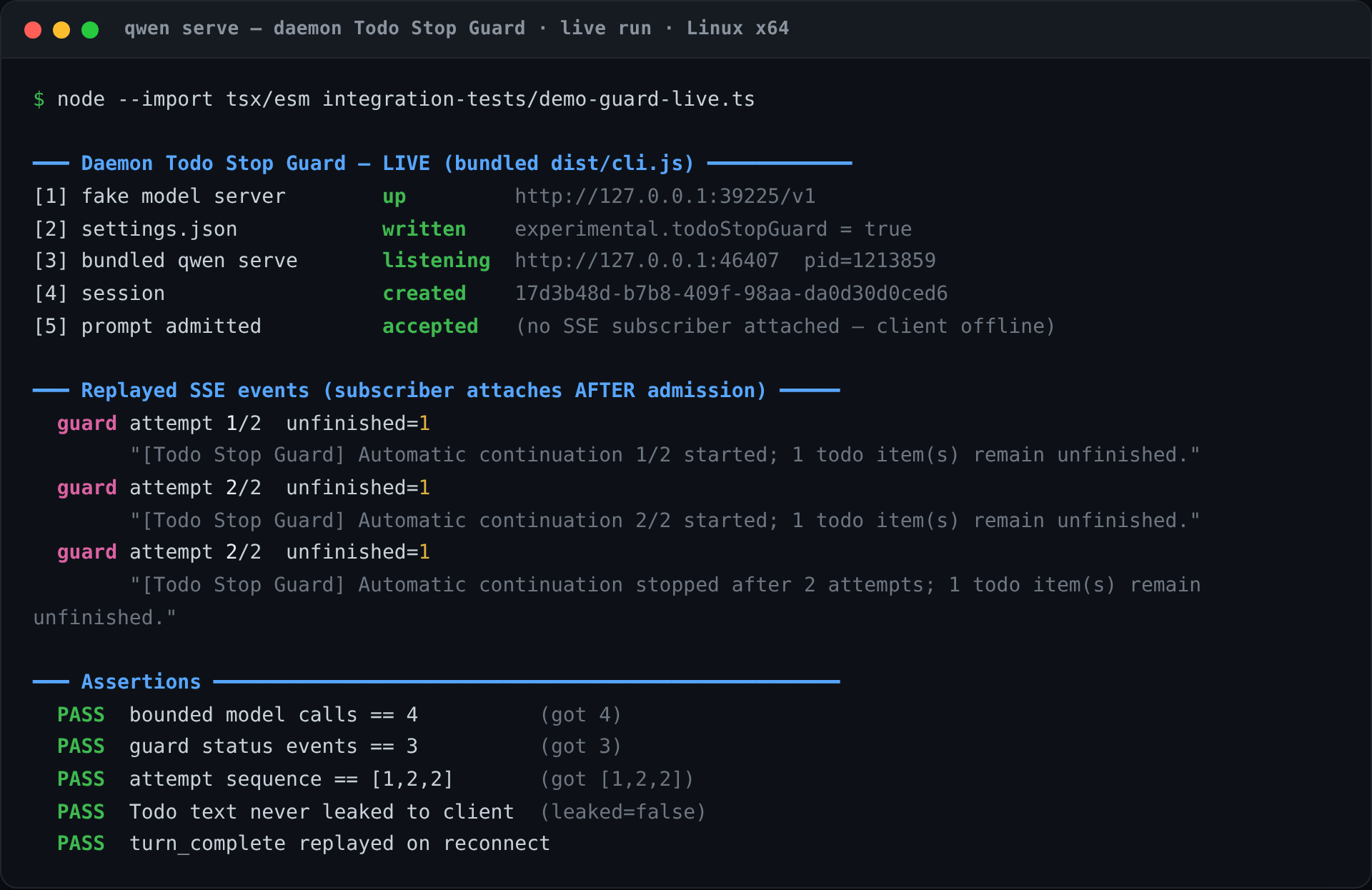 Live bundled qwen serve daemon — Todo Stop Guard bounded continuation