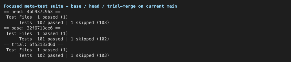 Focused meta-test suite: base / head / trial merge