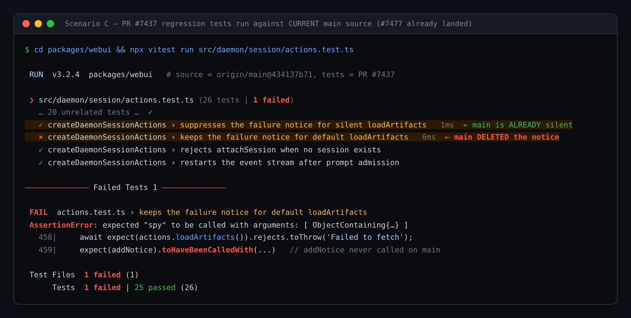 scenario C — PR tests vs current main