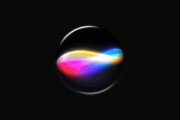 An iridescent ribbon swirling inside a glass sphere