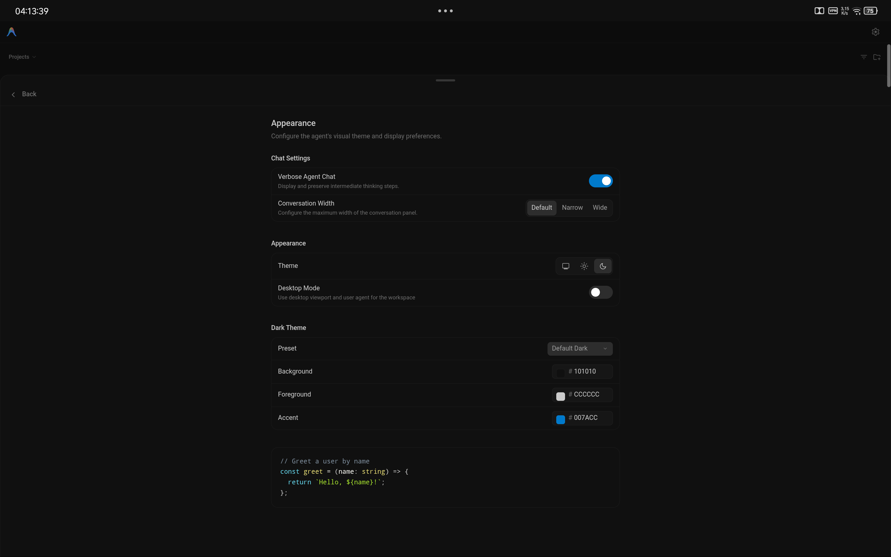 Appearance Settings and Desktop Mode Toggle