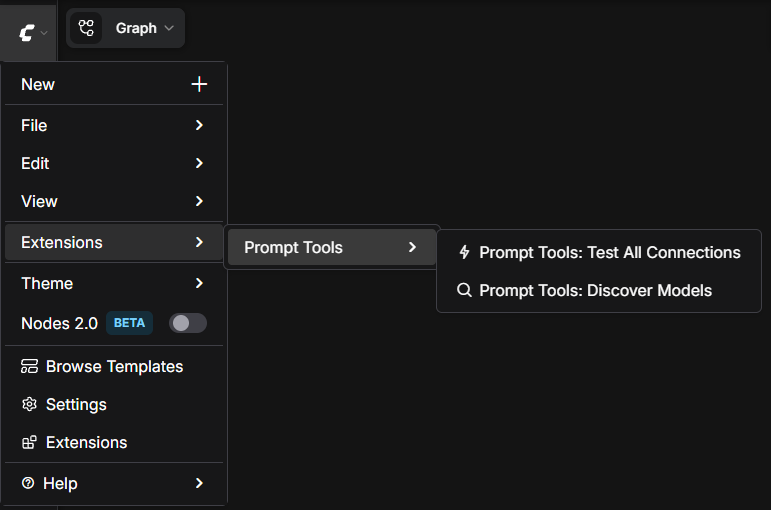 Extensions menu showing the Prompt Tools submenu