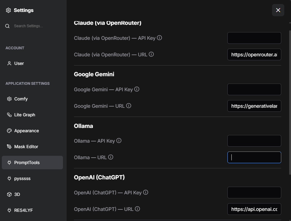 PromptTools settings tab with URL + API-key fields per provider