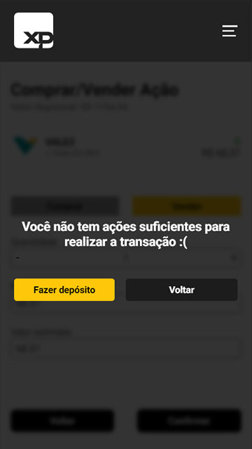 Mensagem de erro exibida na página de ações ao tentar comprar uma ação sem dinheiro