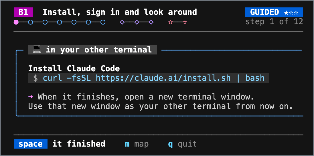 At step 1 the app names the window to type in and shows the exact install command.