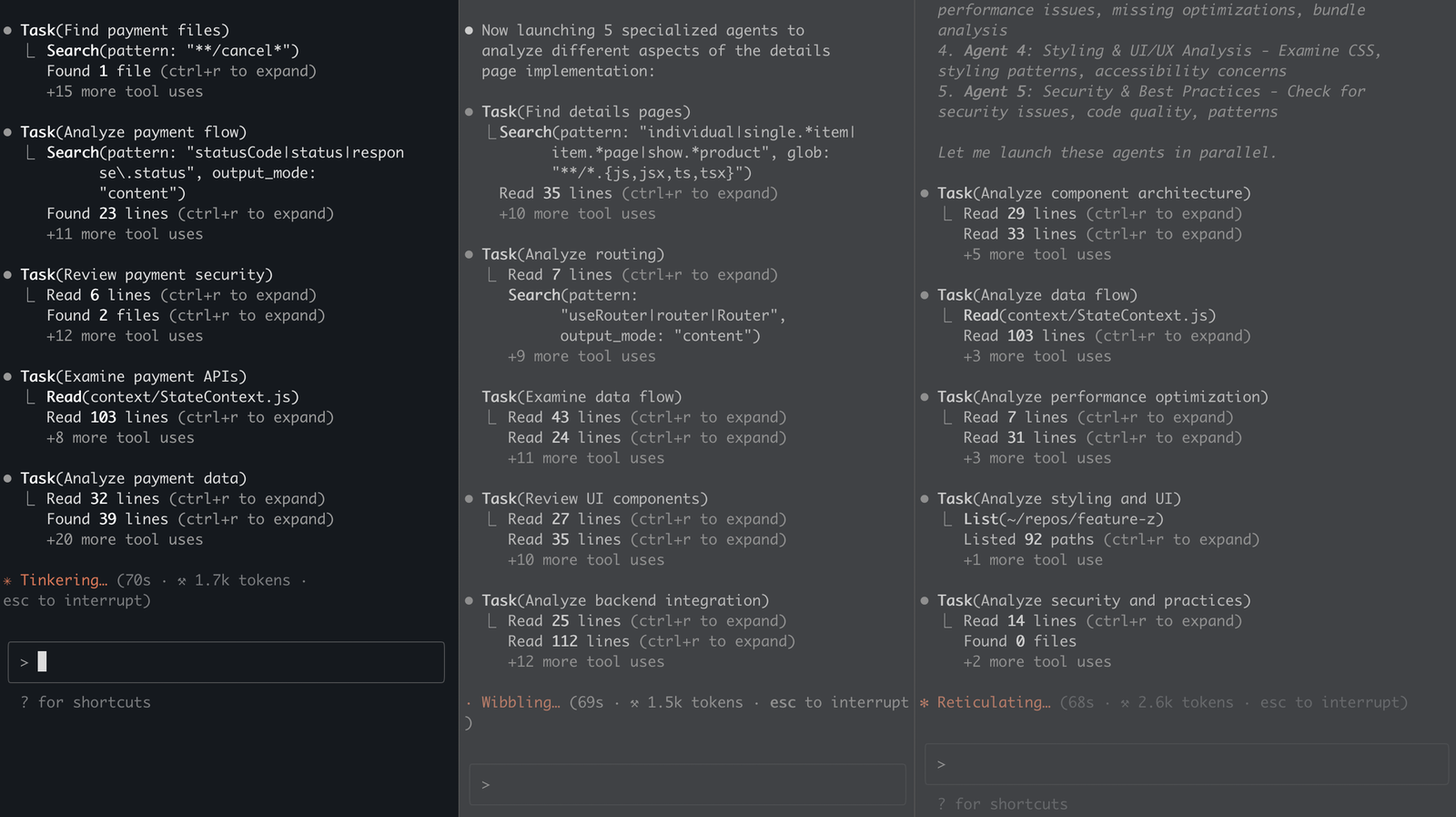 Each session running five subagents concurrently, each with its own tool calls and token count