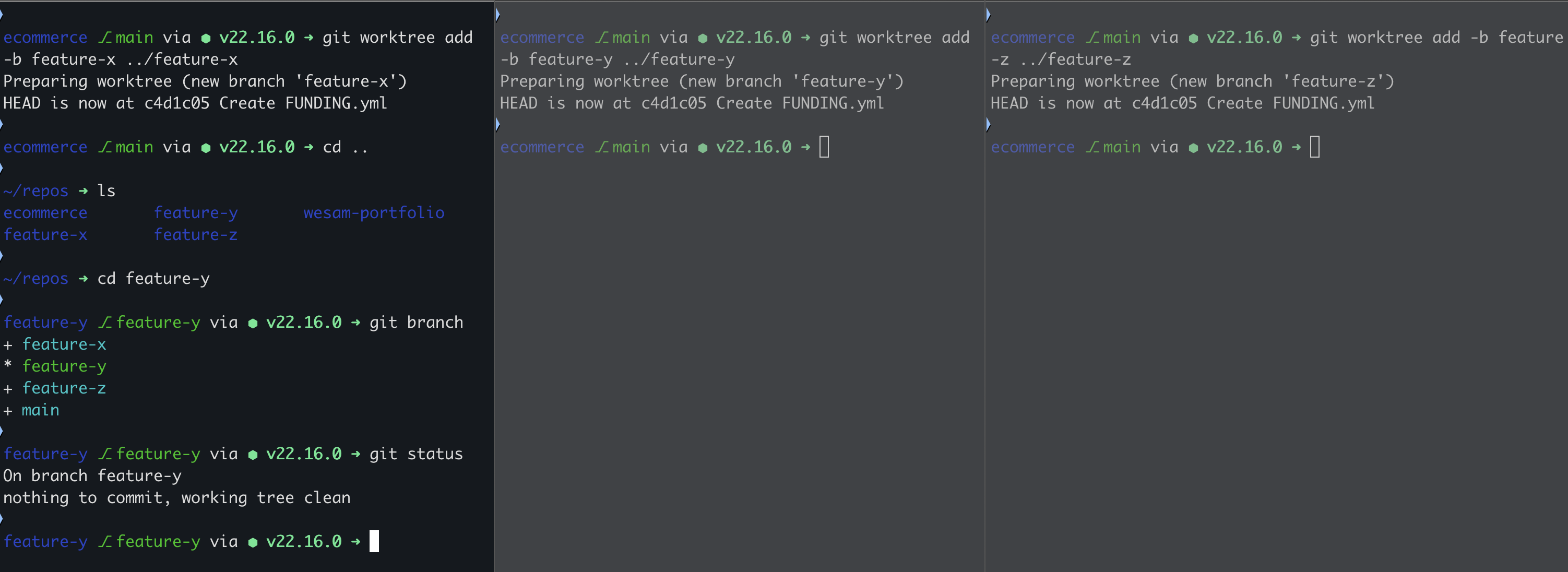 Three terminals creating one worktree each, then confirming the branches are checked out independently
