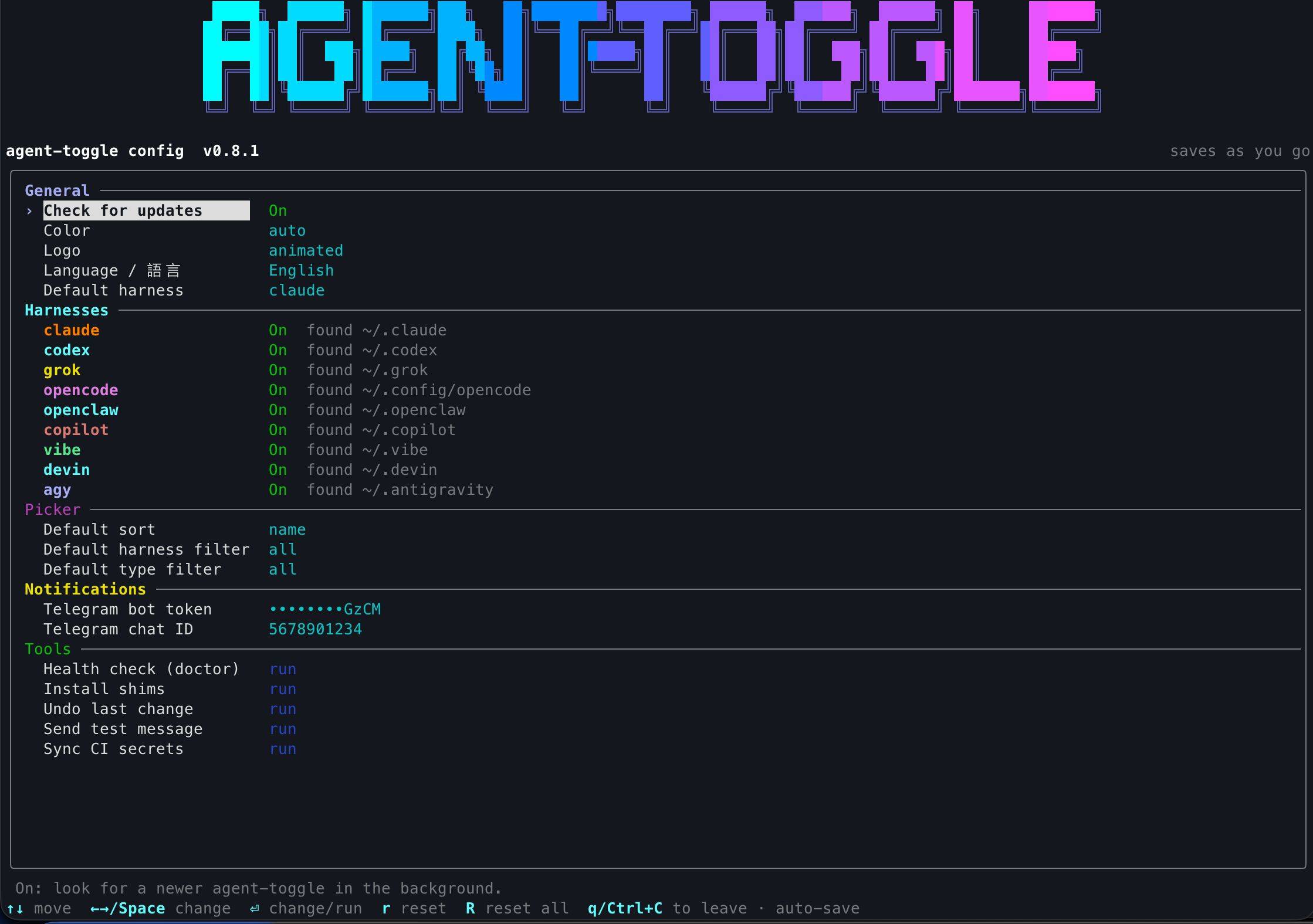 agent-toggle config: the settings menu