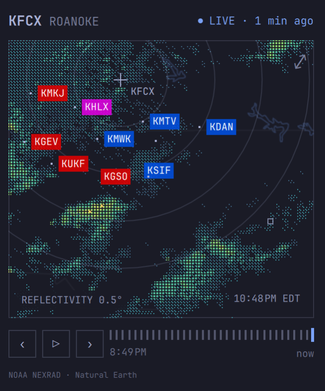 Omastorm bar popover showing airport flight categories on the radar map