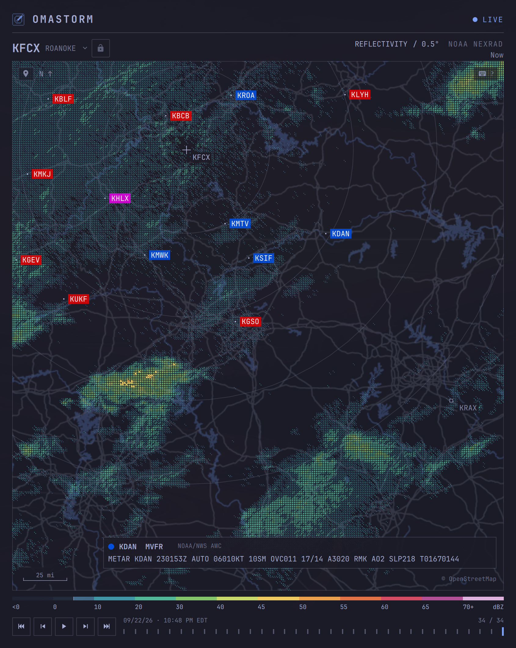 Omastorm window with color-coded airport codes and a raw METAR for KDAN