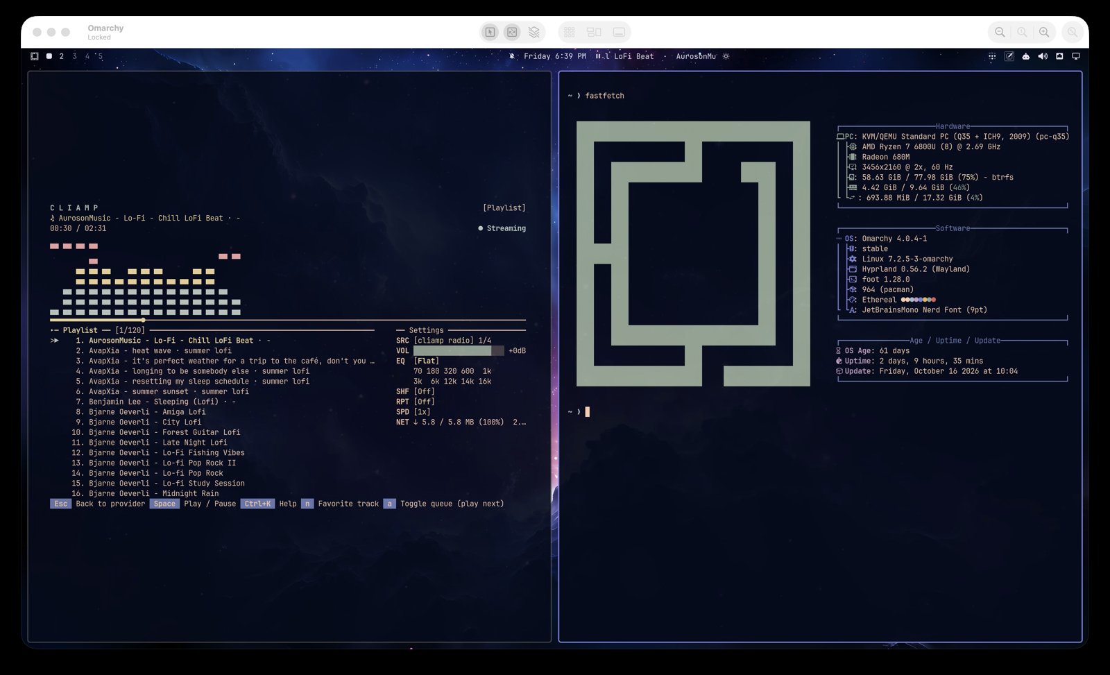 An Omarchy desktop open in the Mac's Screen Sharing app