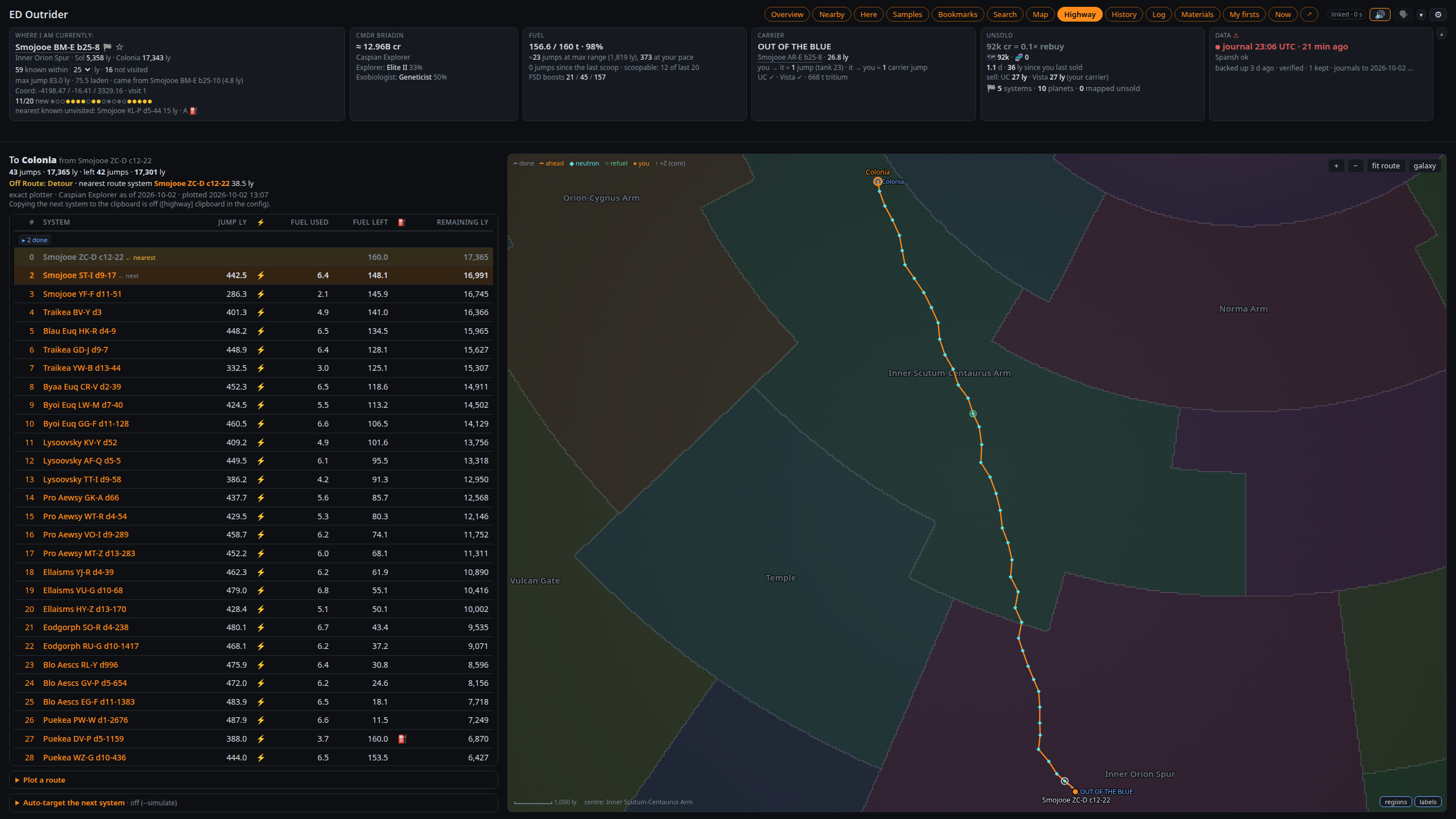 The Highway tab: the jump list, and the route on a map of the galaxy's regions