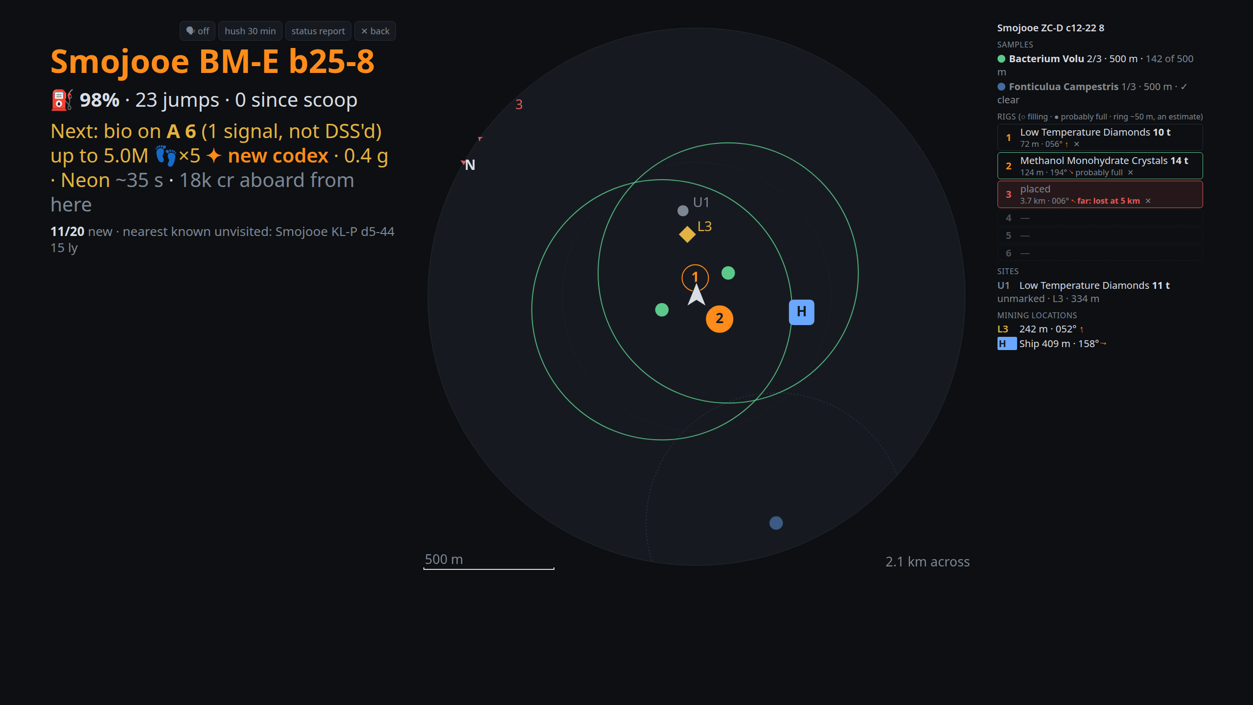 The surface map on Now: rigs, samples, a mining location and the ship