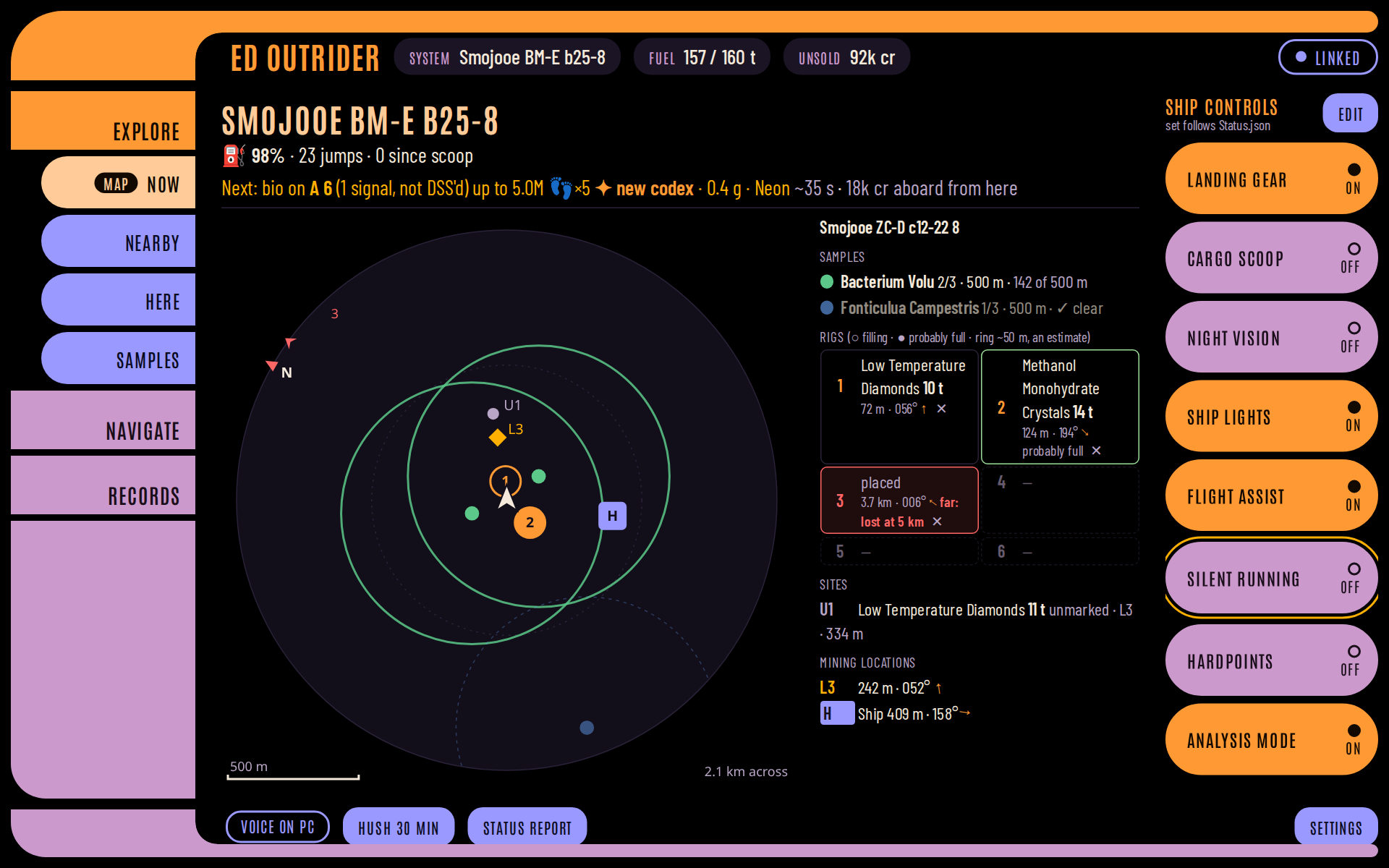 The tablet layout on Now, with the surface map: the status strip on top, the pages on the left, the game controls on the right