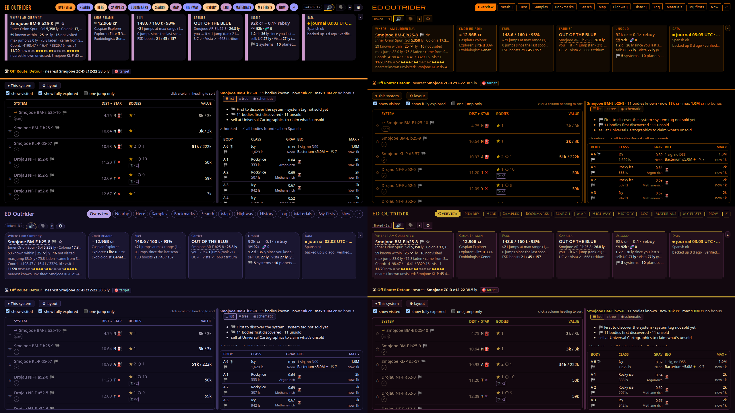 The desktop page in four themes: LCARS, Elite, Minbari and Centauri