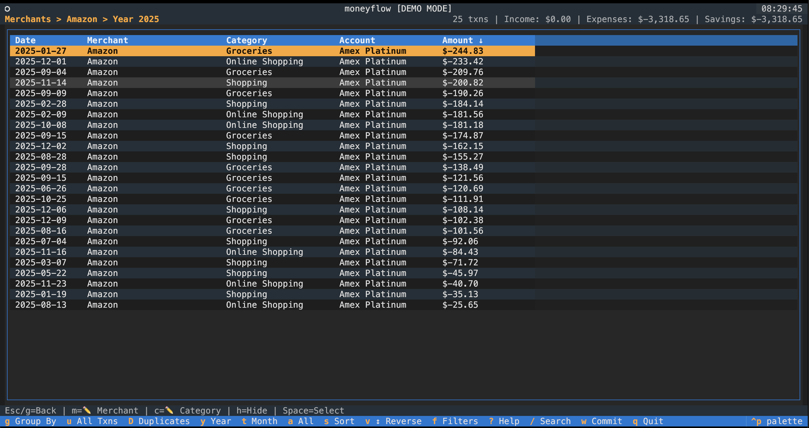 Drilled down into Amazon - transaction detail view