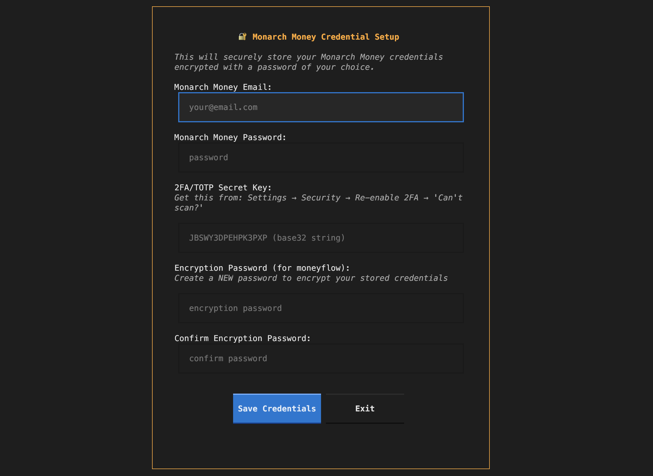 Credential setup screen