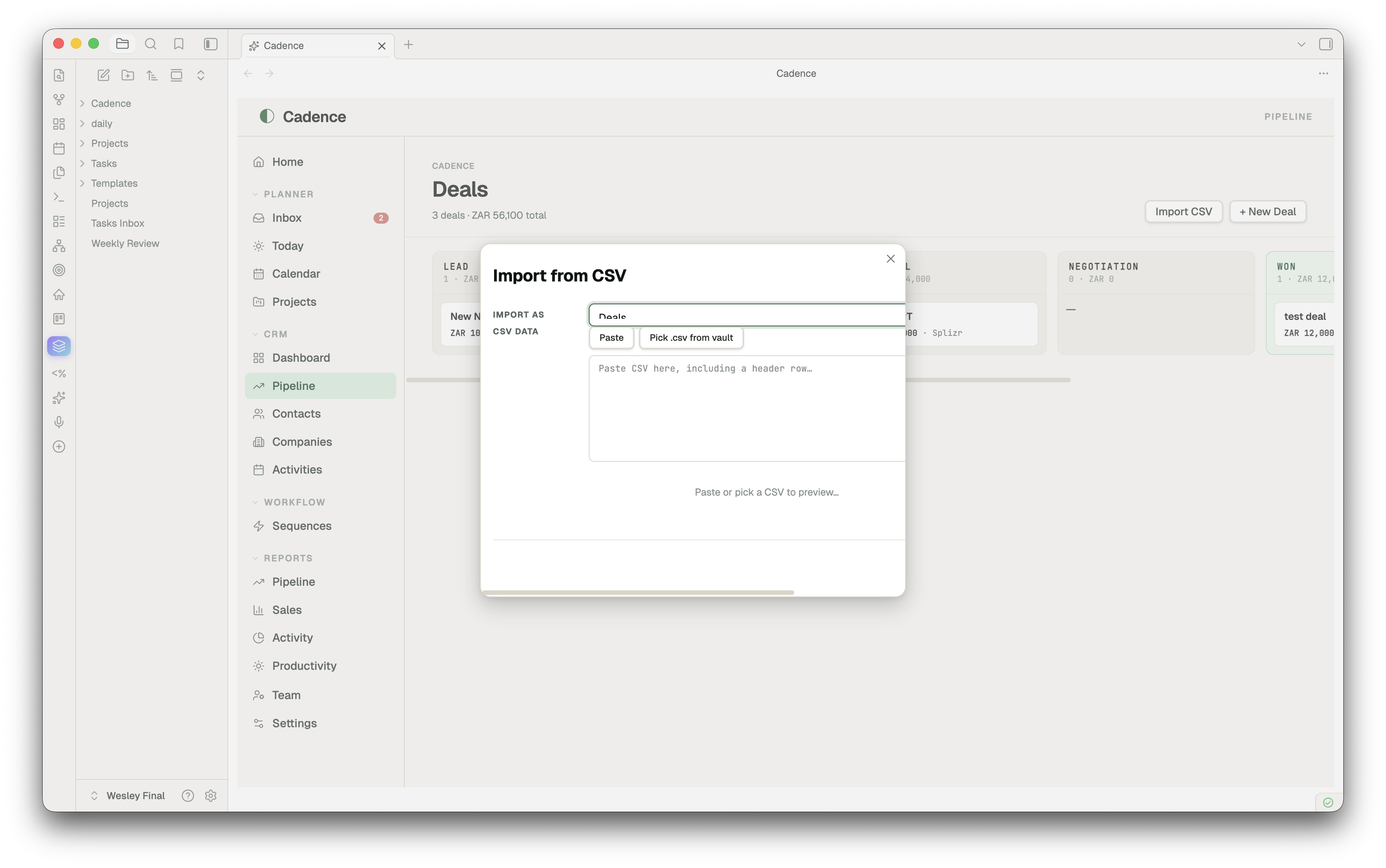 CSV import modal