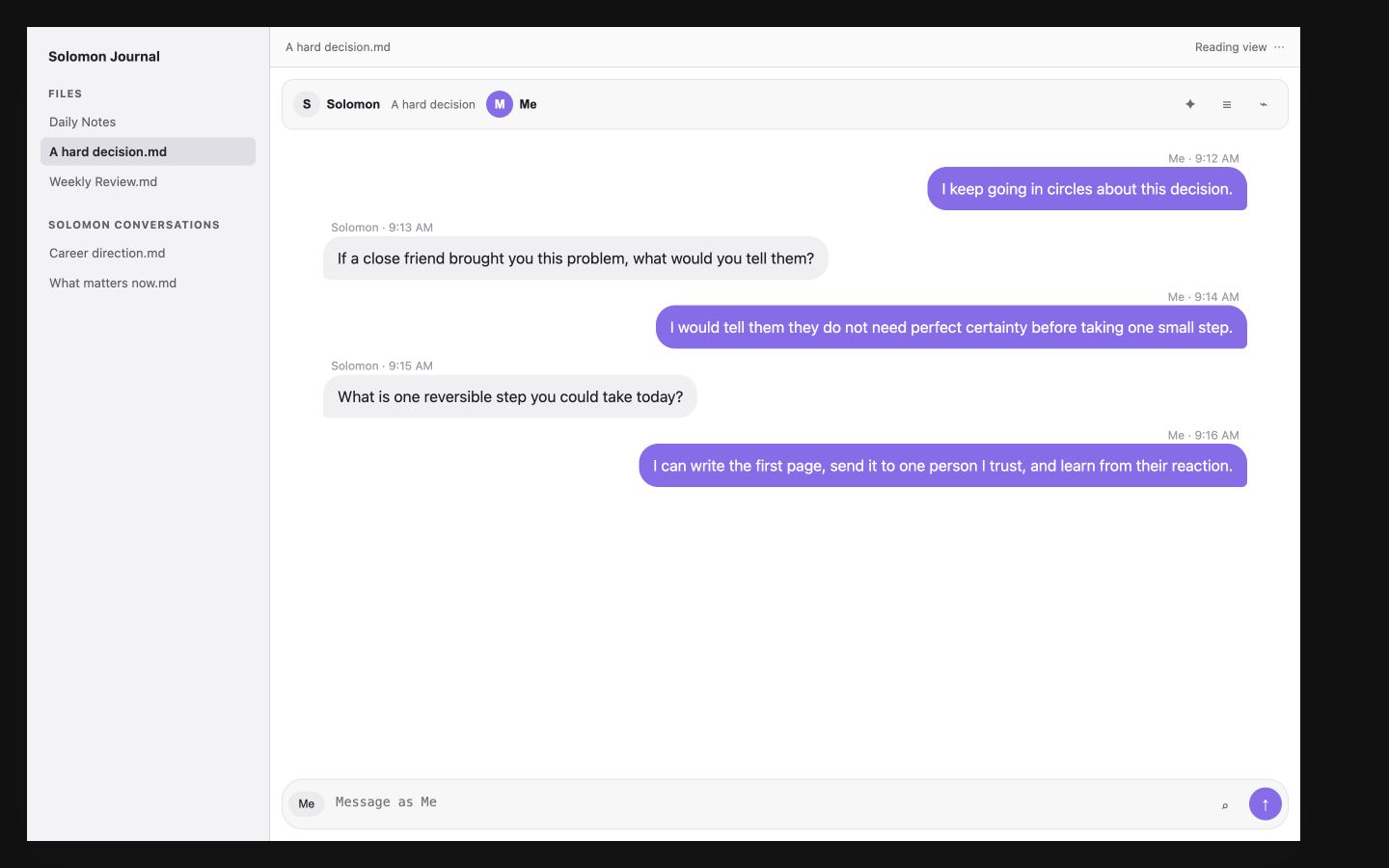 Solomon Chat running in an Obsidian desktop environment