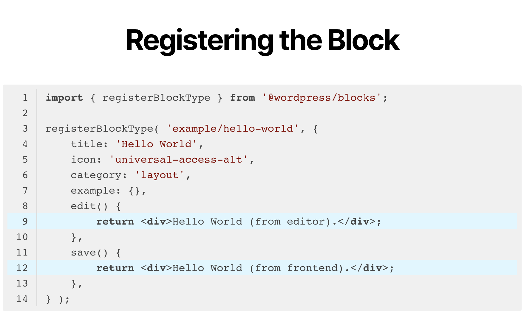 The Code block renders with syntax highlighting on the frontend without any JavaScript enqueued. Stylesheets are added only when block is on the page.