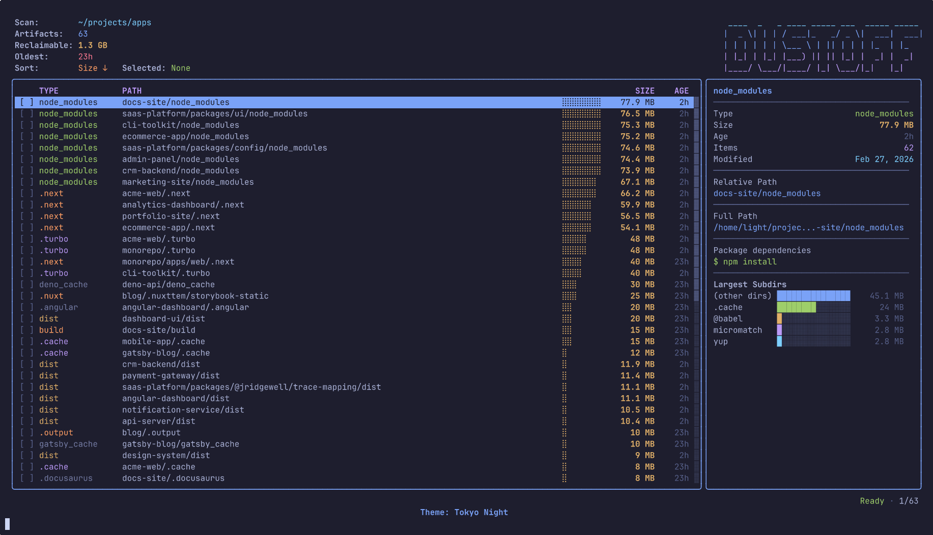 Dustoff terminal UI in Tokyo Night theme