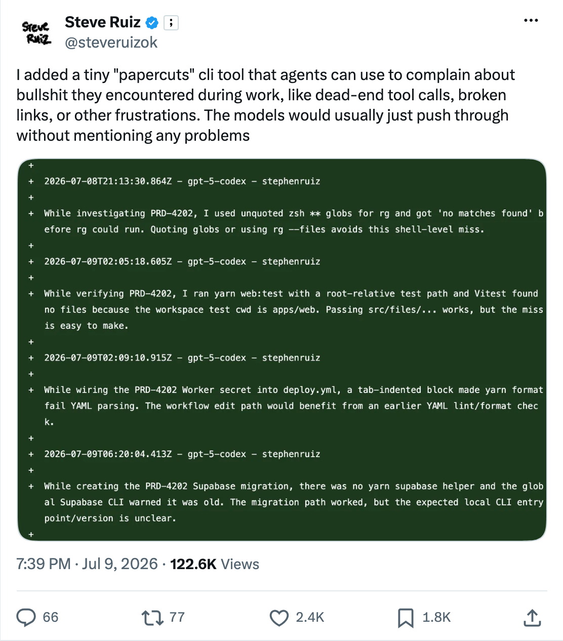 Steve Ruiz describing a papercuts CLI for agents