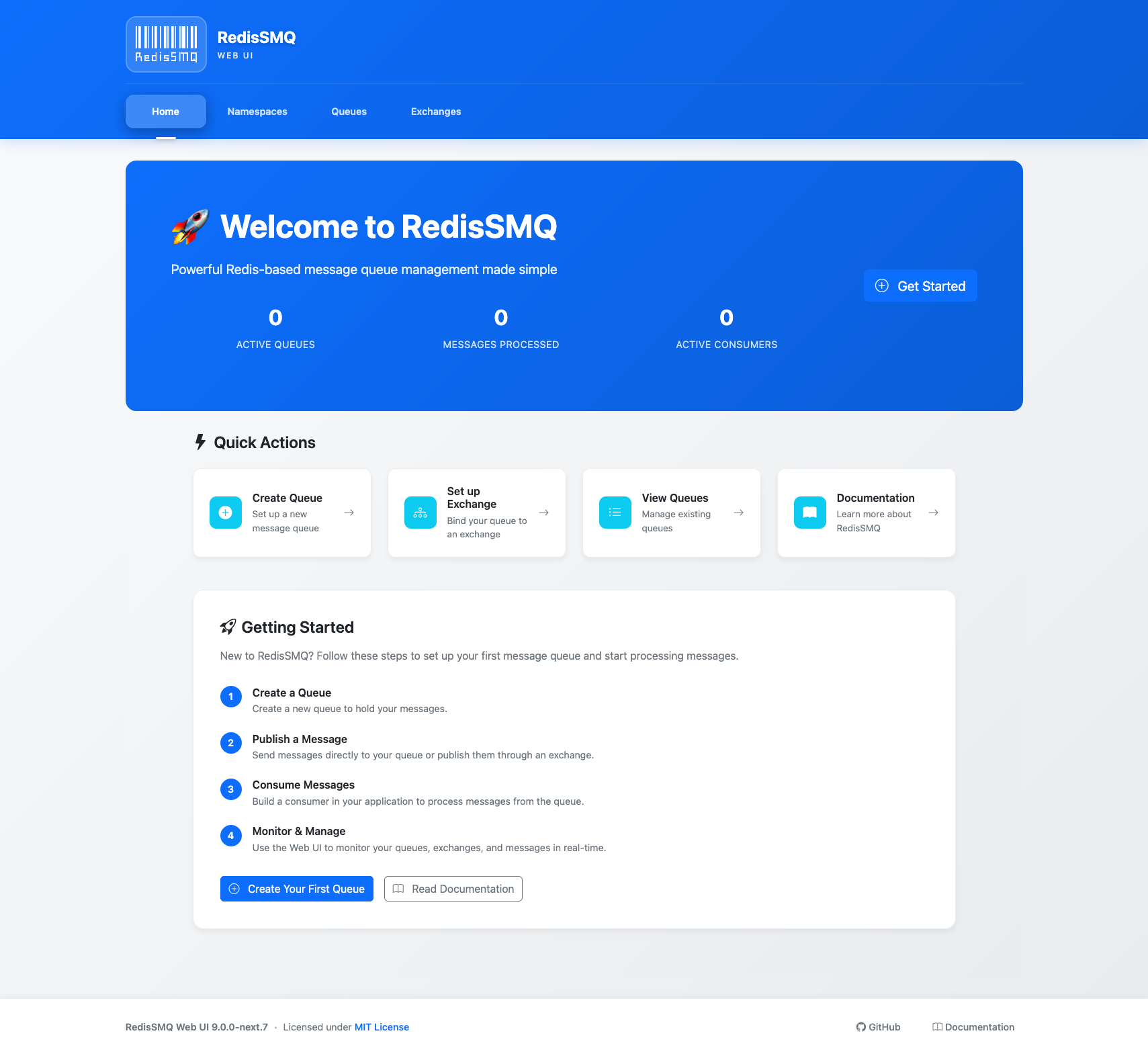 RedisSMQ Web UI - Home
