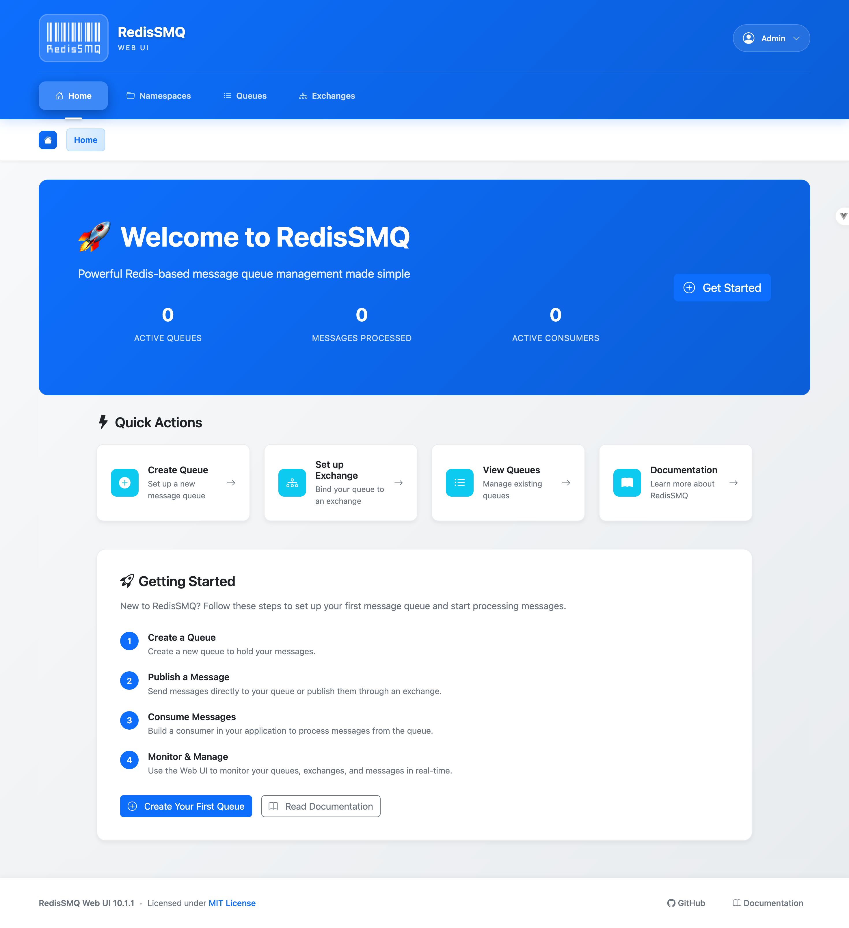 RedisSMQ Web UI - Home