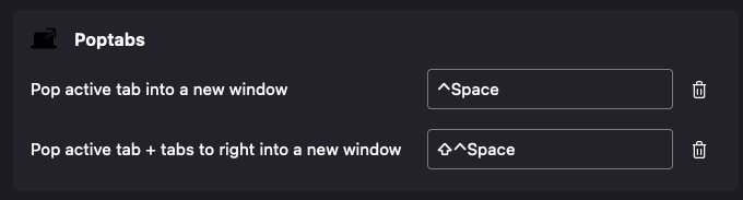 Screenshot showing the Poptabs extension keyboard shortcuts