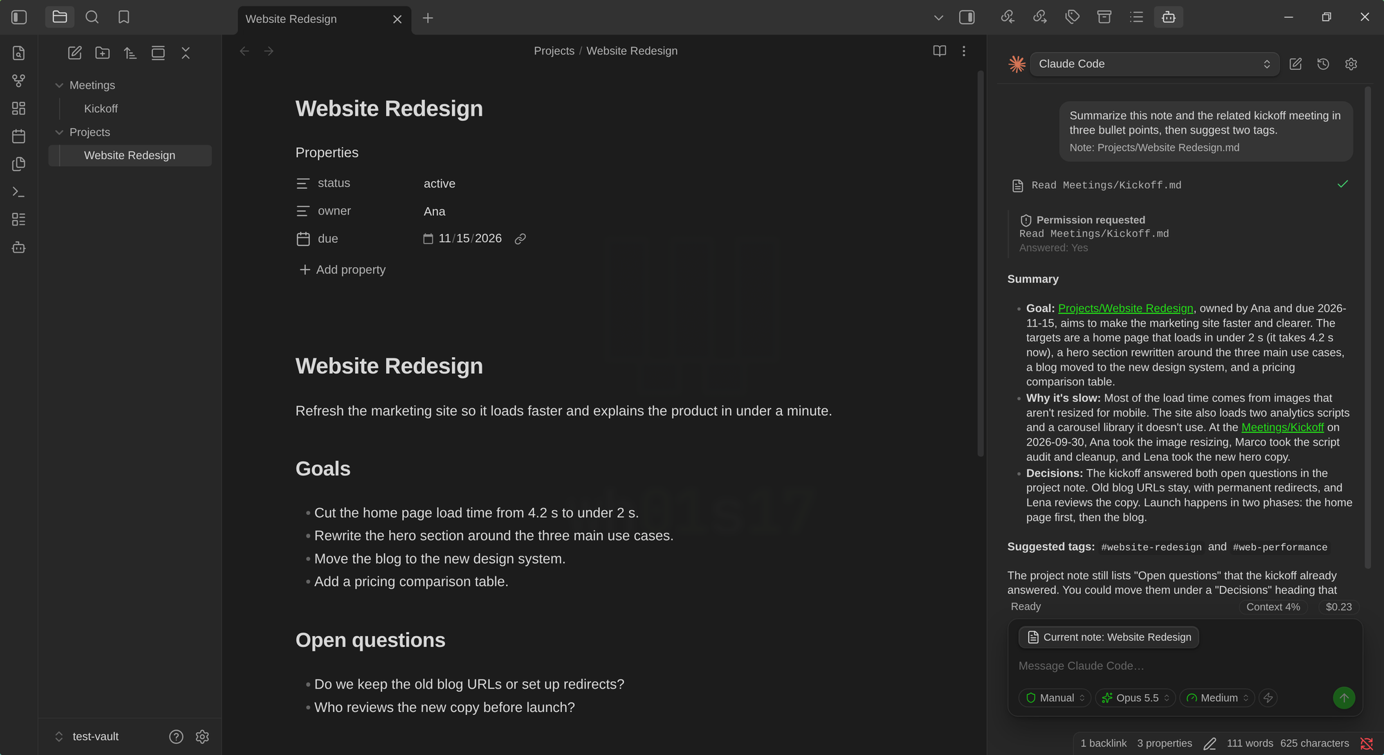 Obsidian with a project note open and an AgentHub conversation that reads a linked meeting note and summarizes both