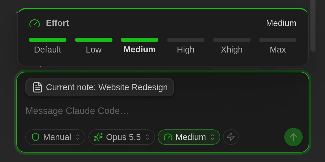 The effort panel of the message box, a level meter from Default to Max