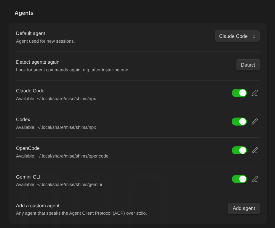 Default agent, agent detection, and the list of available agents