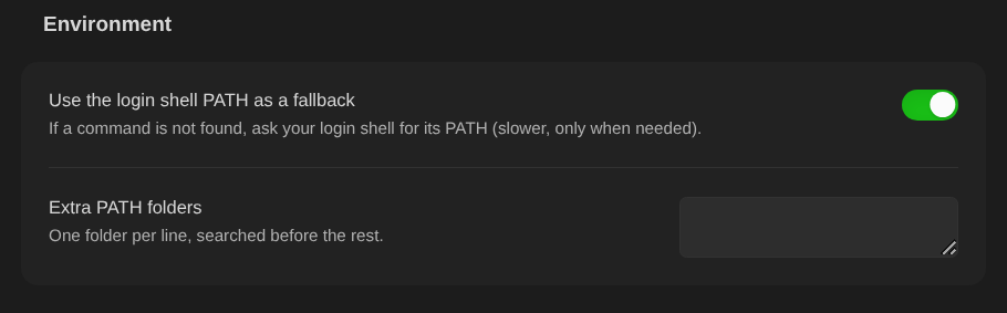 Login shell PATH fallback and extra PATH folders