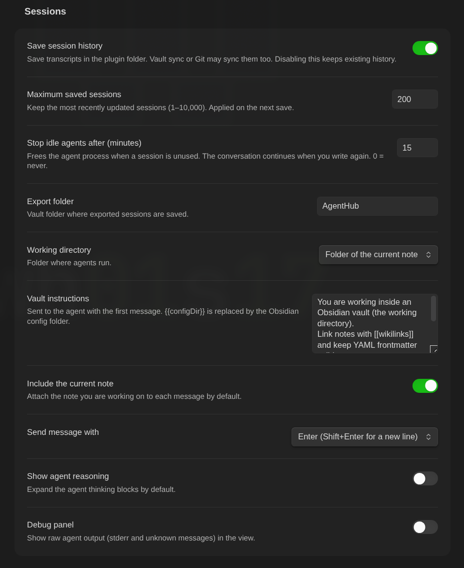 Session history, retention, idle timeout, export folder, working directory, vault instructions, and message settings