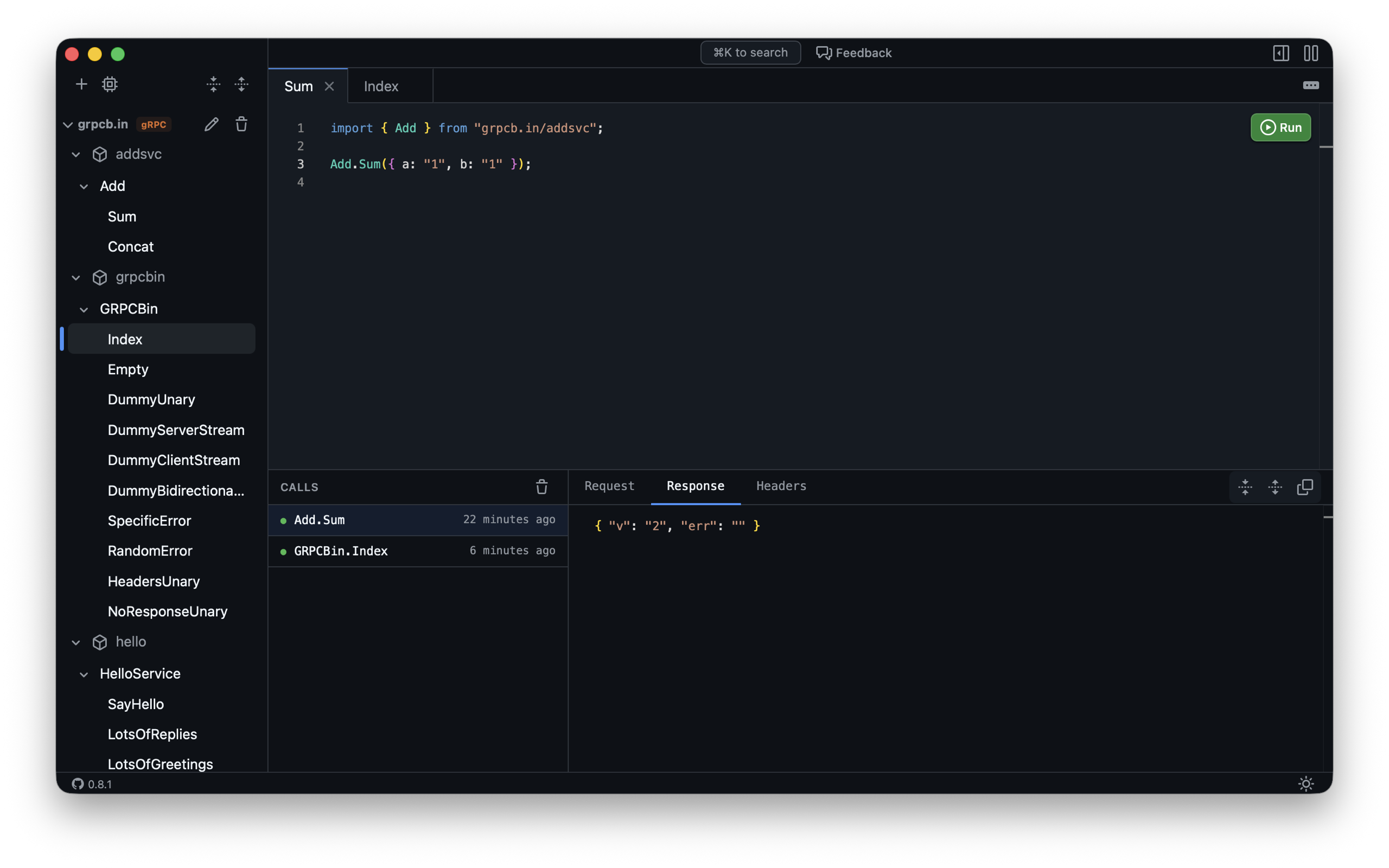 Kaja running a script against a gRPC app