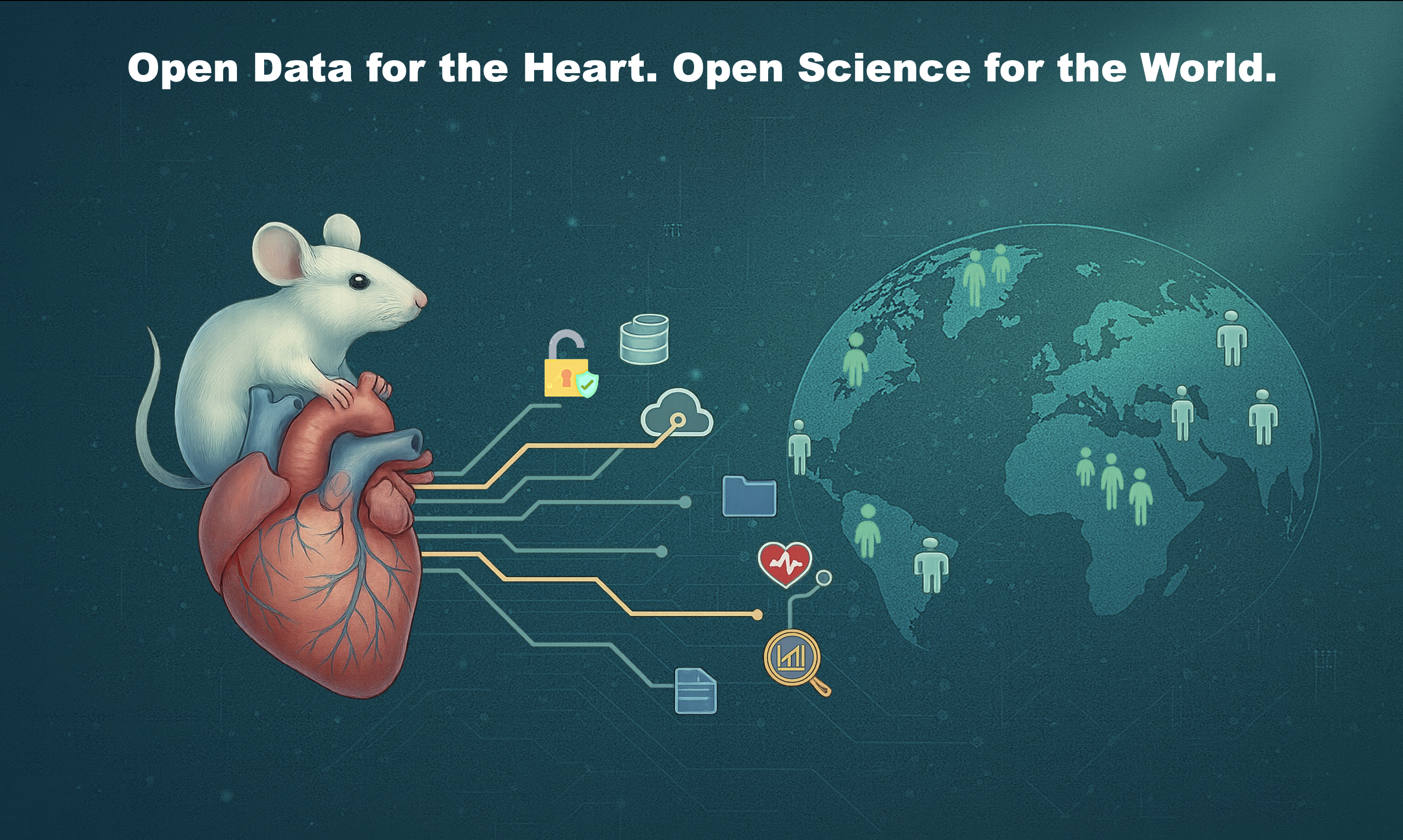 Illustration of mouse with heart representing open-source pre-clinical cardiac MRI dataset