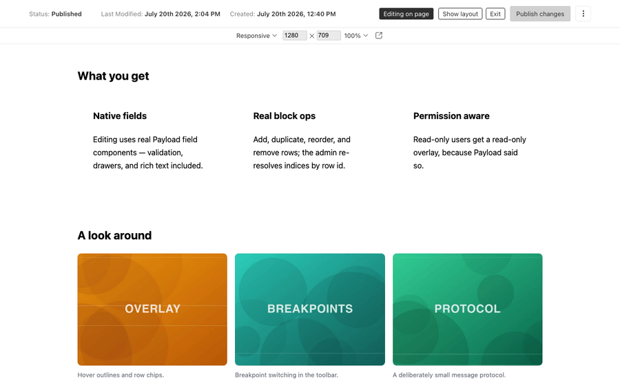 Double-clicking a heading opens a popover with the native Payload text field, then a rich text body opens the full Lexical editor with its formatting toolbar — the page updates as you type