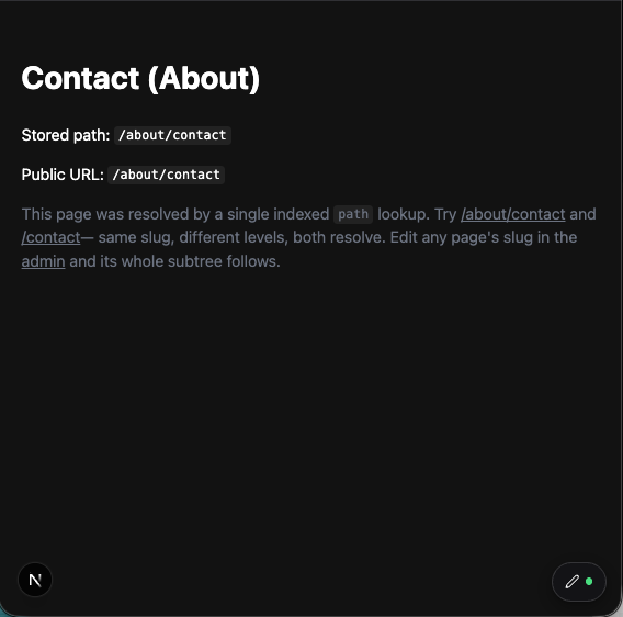 The collapsed edit button: a small dark pill with a pencil icon and a green published-status dot, pinned to the bottom-right corner of a frontend page