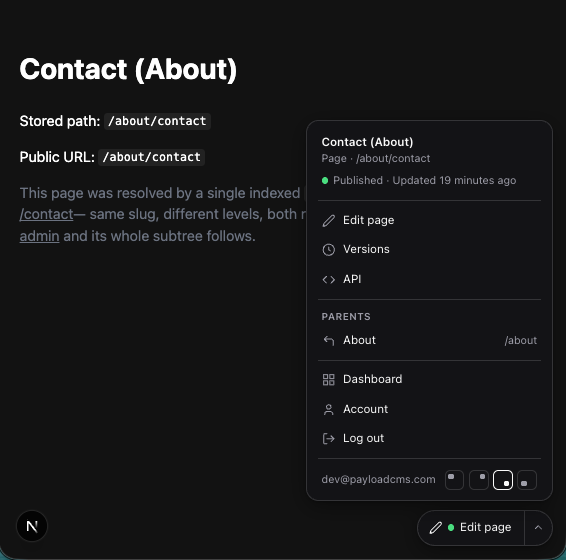 The expanded edit button: an “Edit page” pill with its menu open, showing the document title, its collection and URL, a Published status with last-updated time, Edit page / Versions / API actions, a Parents trail, Dashboard, Account, Log out, and a corner picker