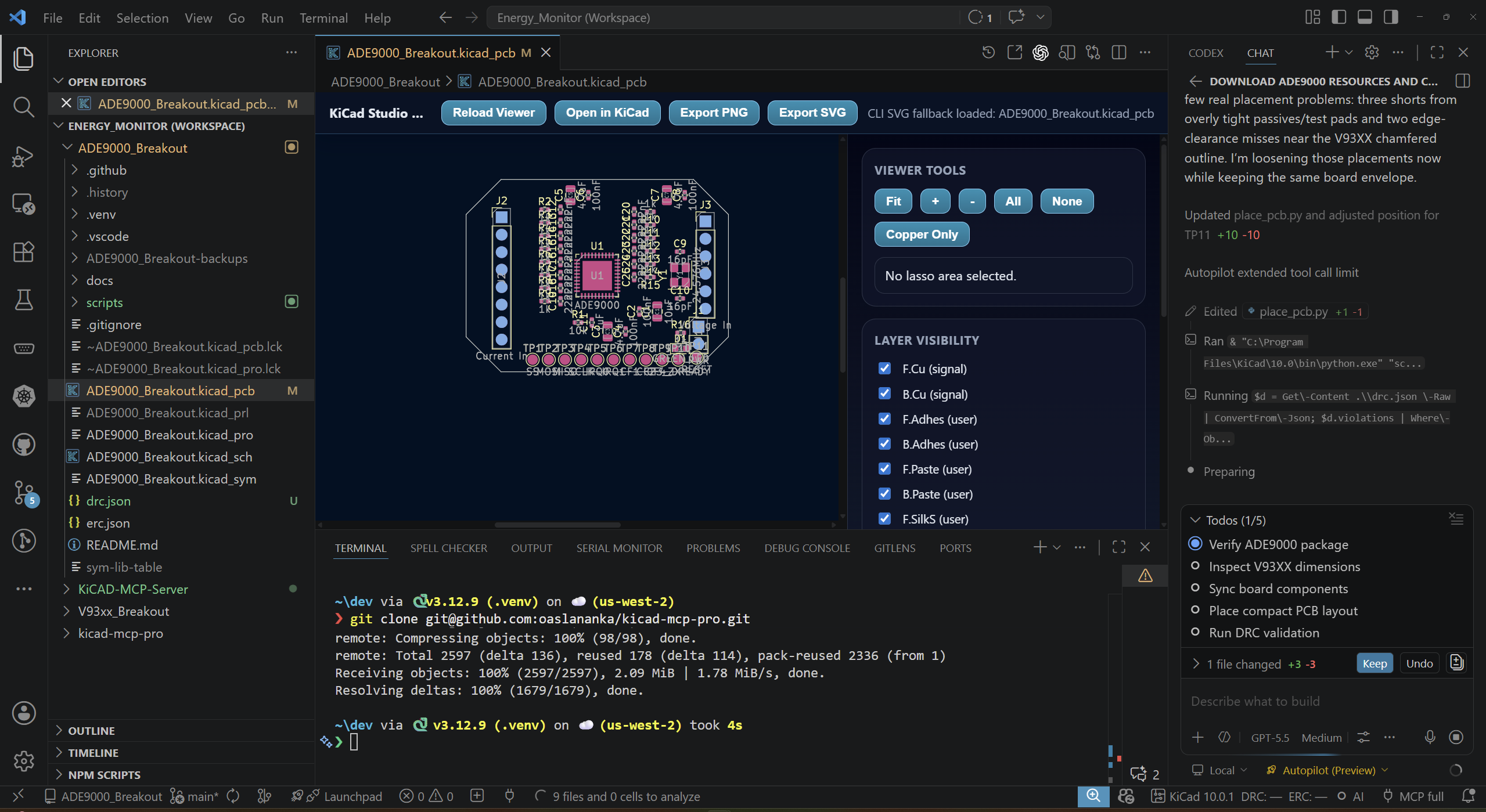 AI-aided ADE9000 PCB layout in KiCad