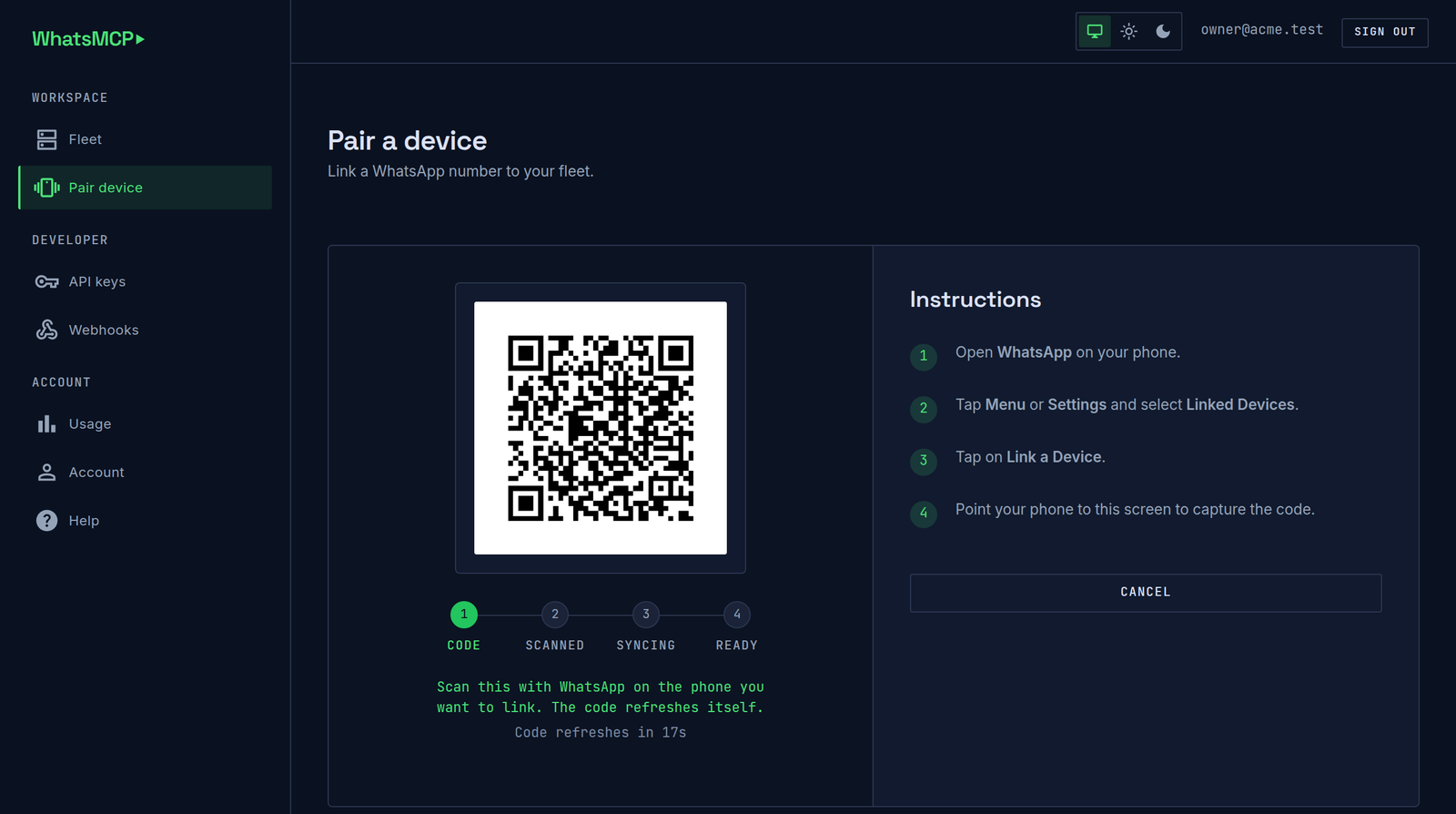 Pairing a device: the console shows a QR code and a four-stage progress indicator — code, scanned, syncing, ready