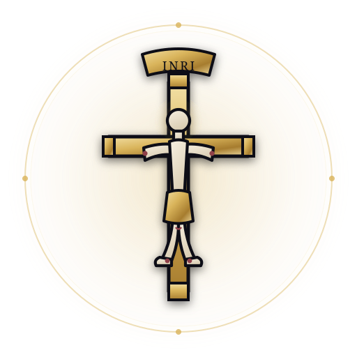 Gold crucifix in a thin ring with an ivory corpus and INRI scroll on a pale background.