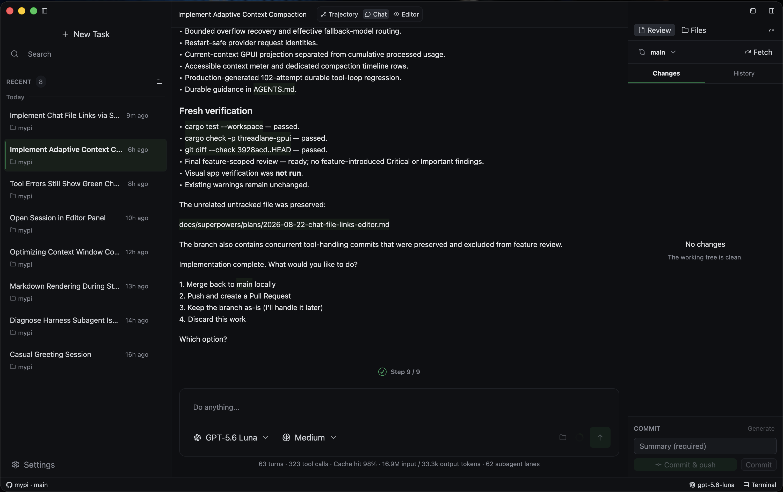 Threadlane desktop workspace showing project sessions, rendered tool output, and slash-command completion