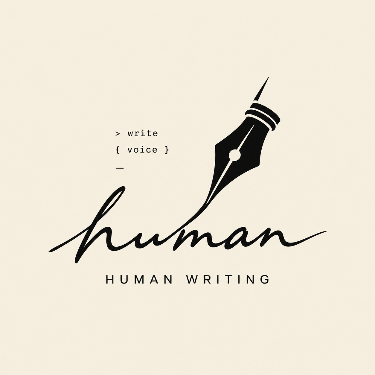 Human Writing: fountain-pen handwriting with terminal code on a milk-white background