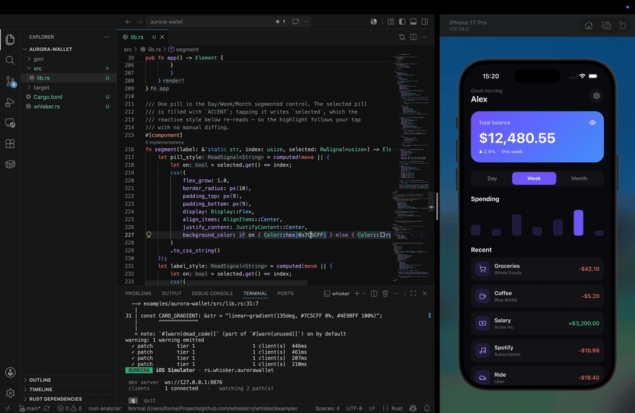 Whisker hot reload — edit the code, save, and the running app updates in under a second with state intact