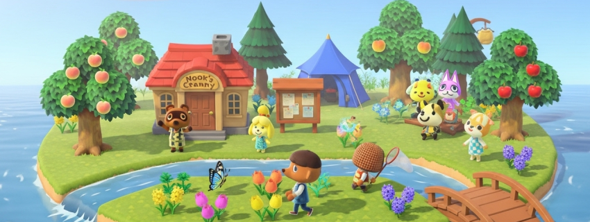 Group of cute animal characters interacting, an animal crossing island