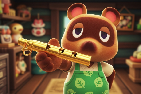 Cute animal character Tom Nook Handing the Camera Penny Whistle