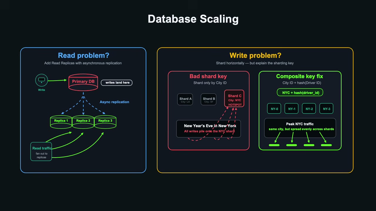 A system design diagram illustrating database scaling and sharding key trade-offs