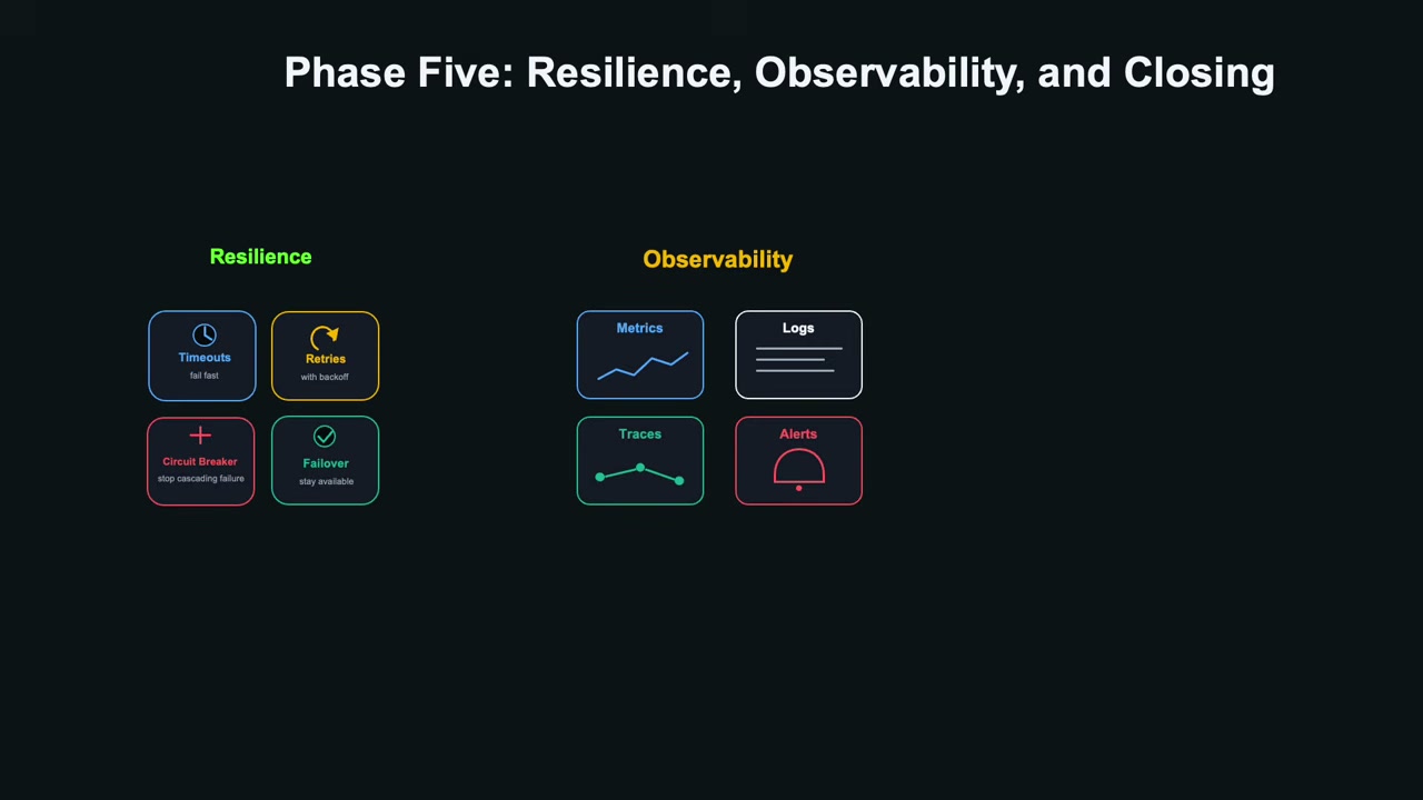 A system observability diagram showing request tracing and resilience signals